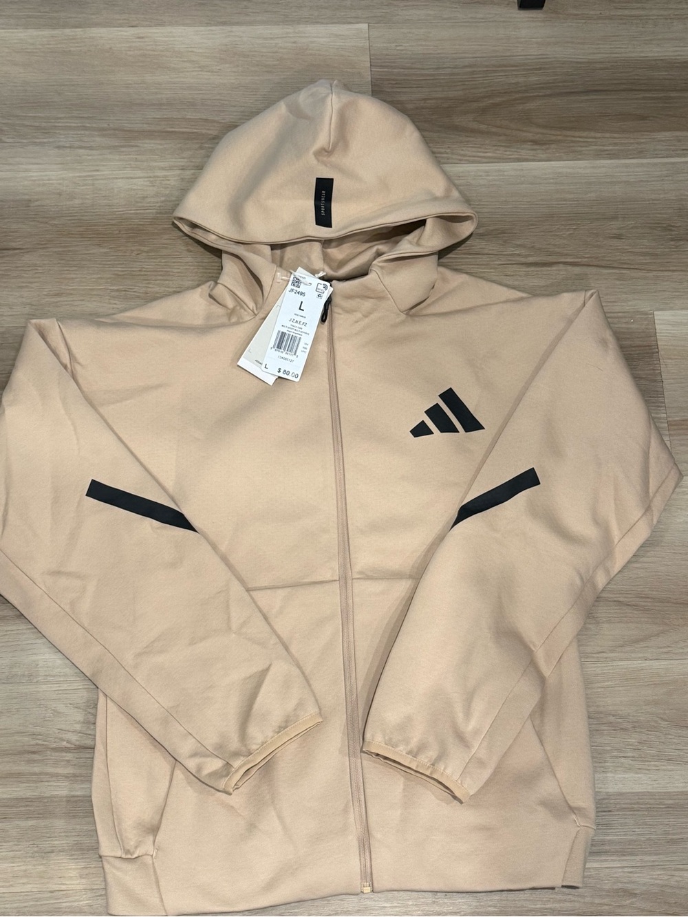 adidas youth  Hooded Full-Zip Jacket in Light Beige with Black Accents